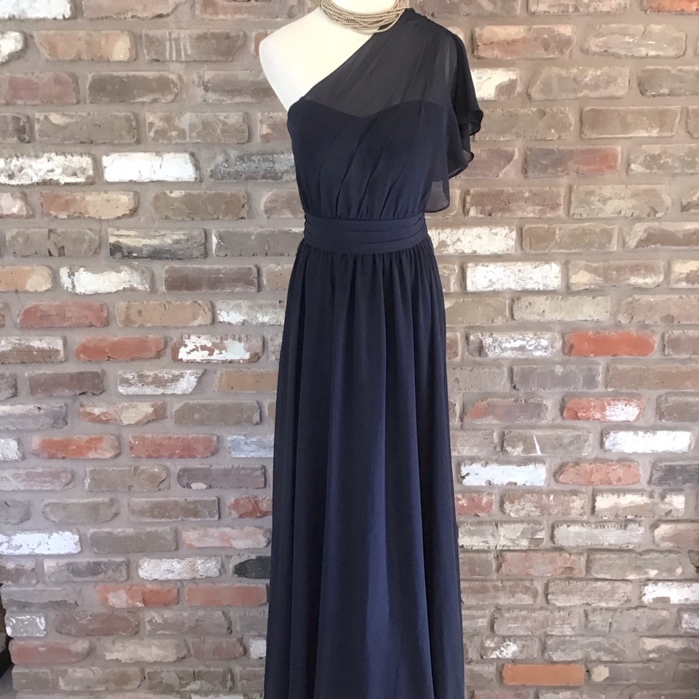 MORILEE MADELINE GARDNER Elegant One-Shoulder Navy Chiffon Evening Gown Dress 10